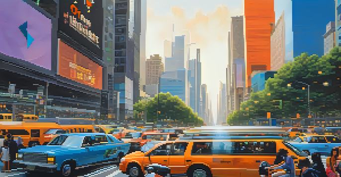 A busy city highway with congested traffic illuminated by sunlight, featuring tall skyscrapers and a digital billboard about Ethereum.