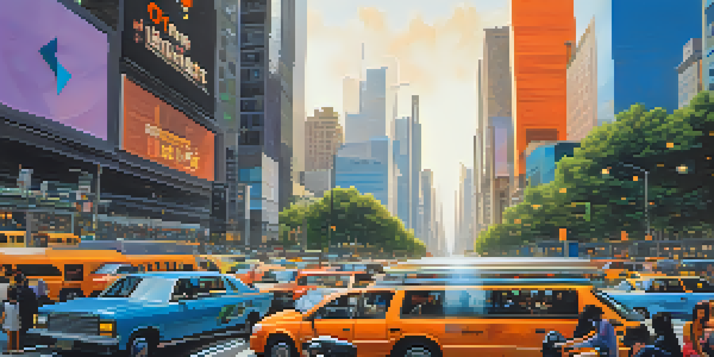 A busy city highway with congested traffic illuminated by sunlight, featuring tall skyscrapers and a digital billboard about Ethereum.