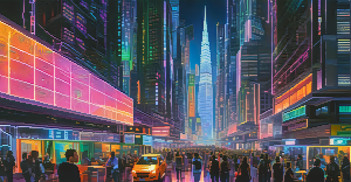A colorful digital cityscape symbolizing the Ethereum network with neon lights and flowing data streams representing transactions.