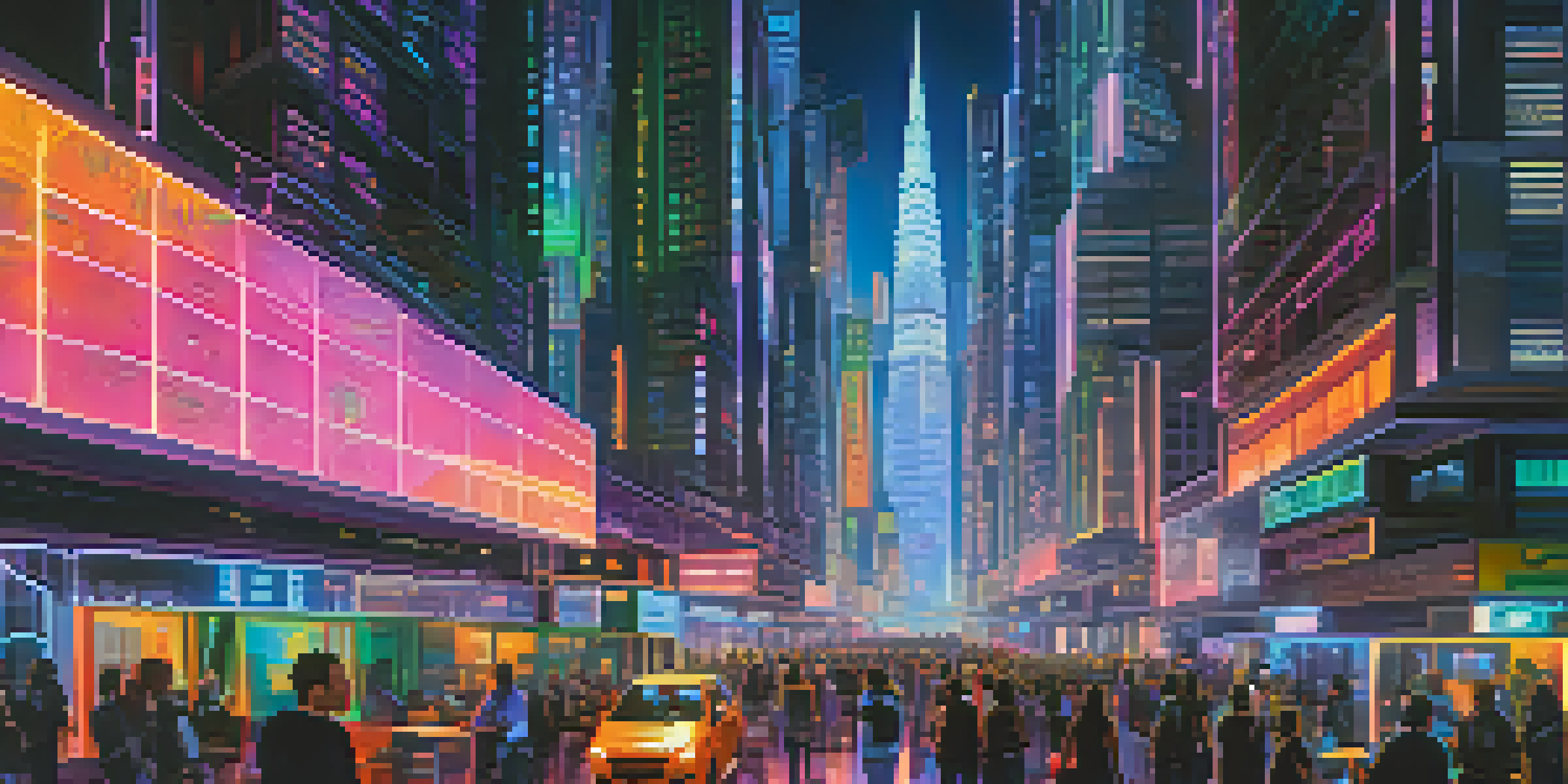 A colorful digital cityscape symbolizing the Ethereum network with neon lights and flowing data streams representing transactions.