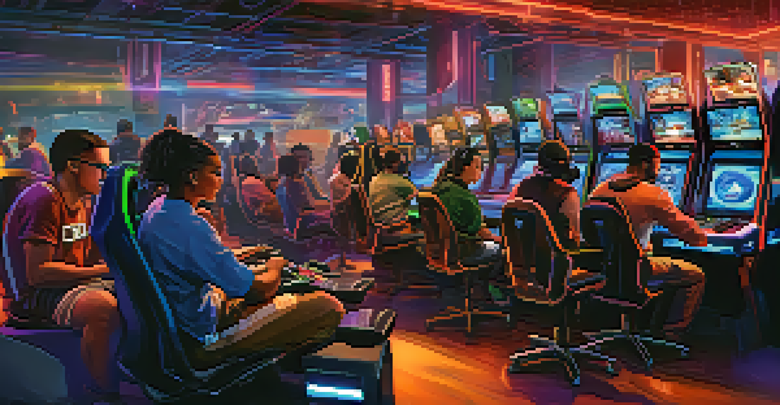 A diverse group of players engaged in a competitive gaming session, surrounded by high-tech equipment and vibrant LED lights.