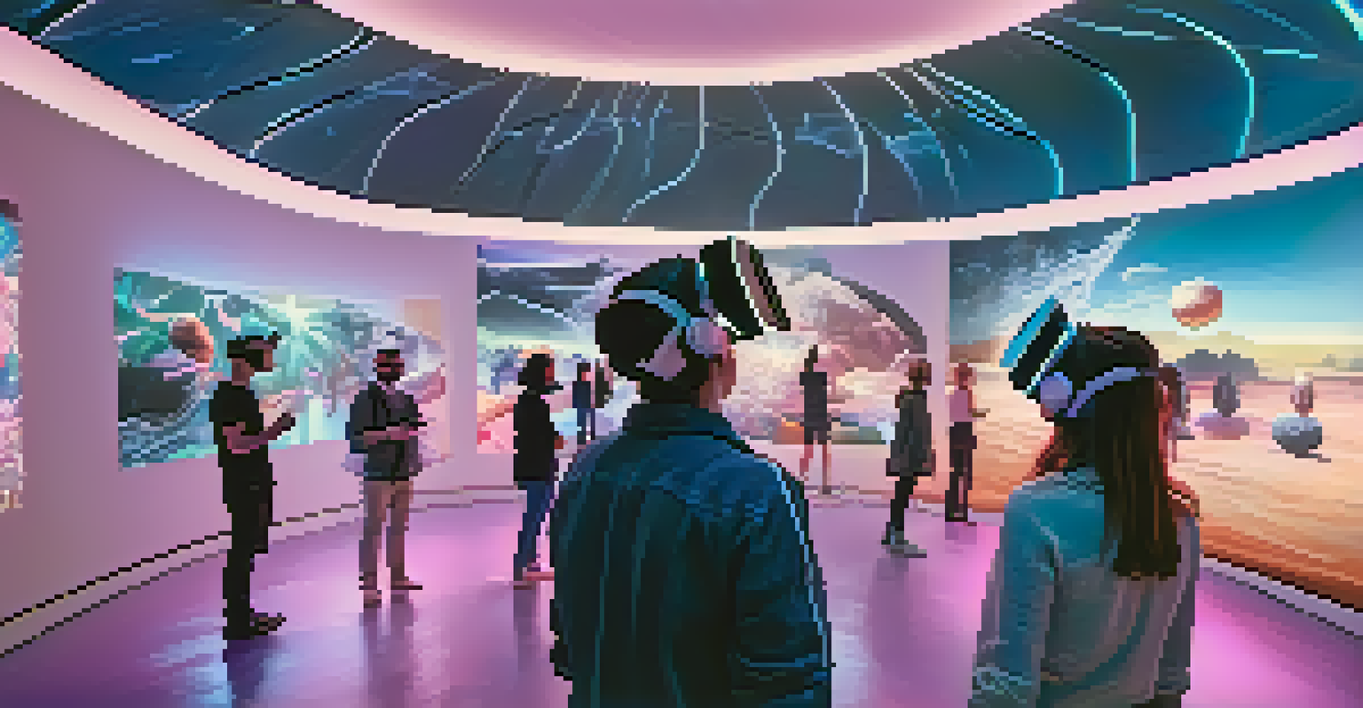 A futuristic virtual reality art exhibition with visitors using headsets to interact with floating digital sculptures.