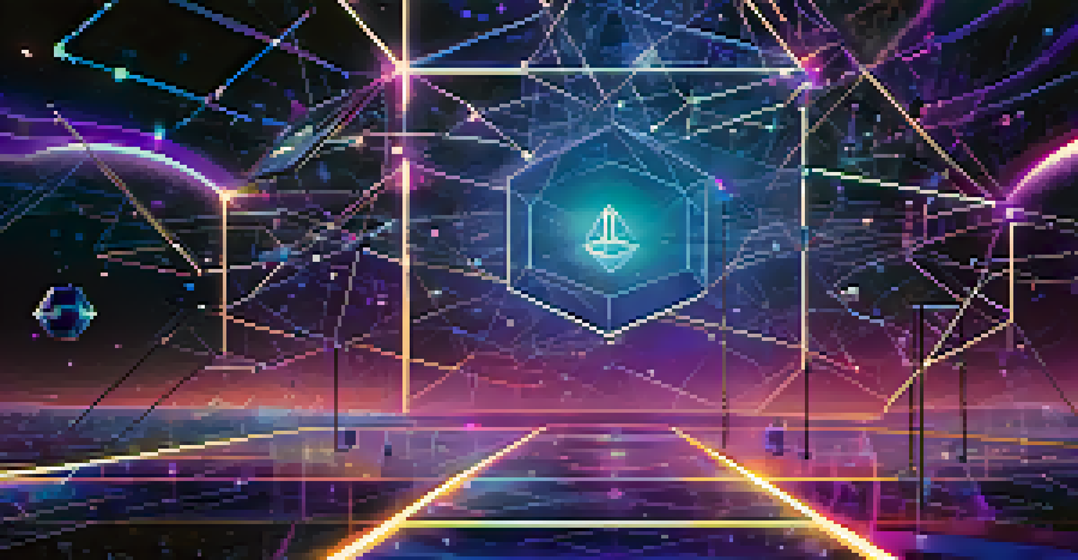 An abstract illustration of blockchain technology with interconnected nodes and digital tokens against a cosmic background in blue and purple hues.