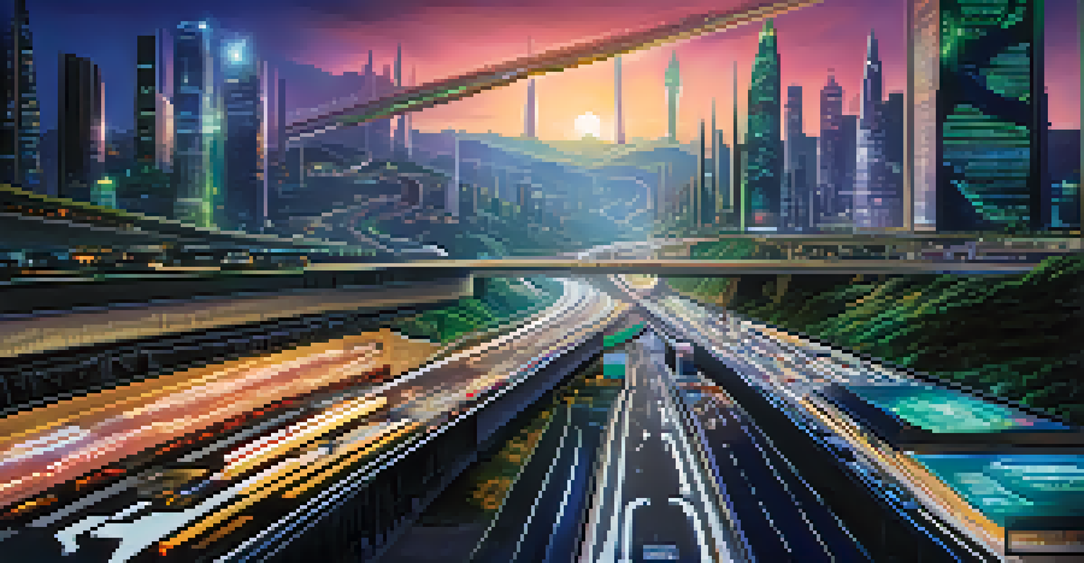 A futuristic highway illustrating Ethereum upgrades, with congested traffic on one side and smooth traffic on the express lane.