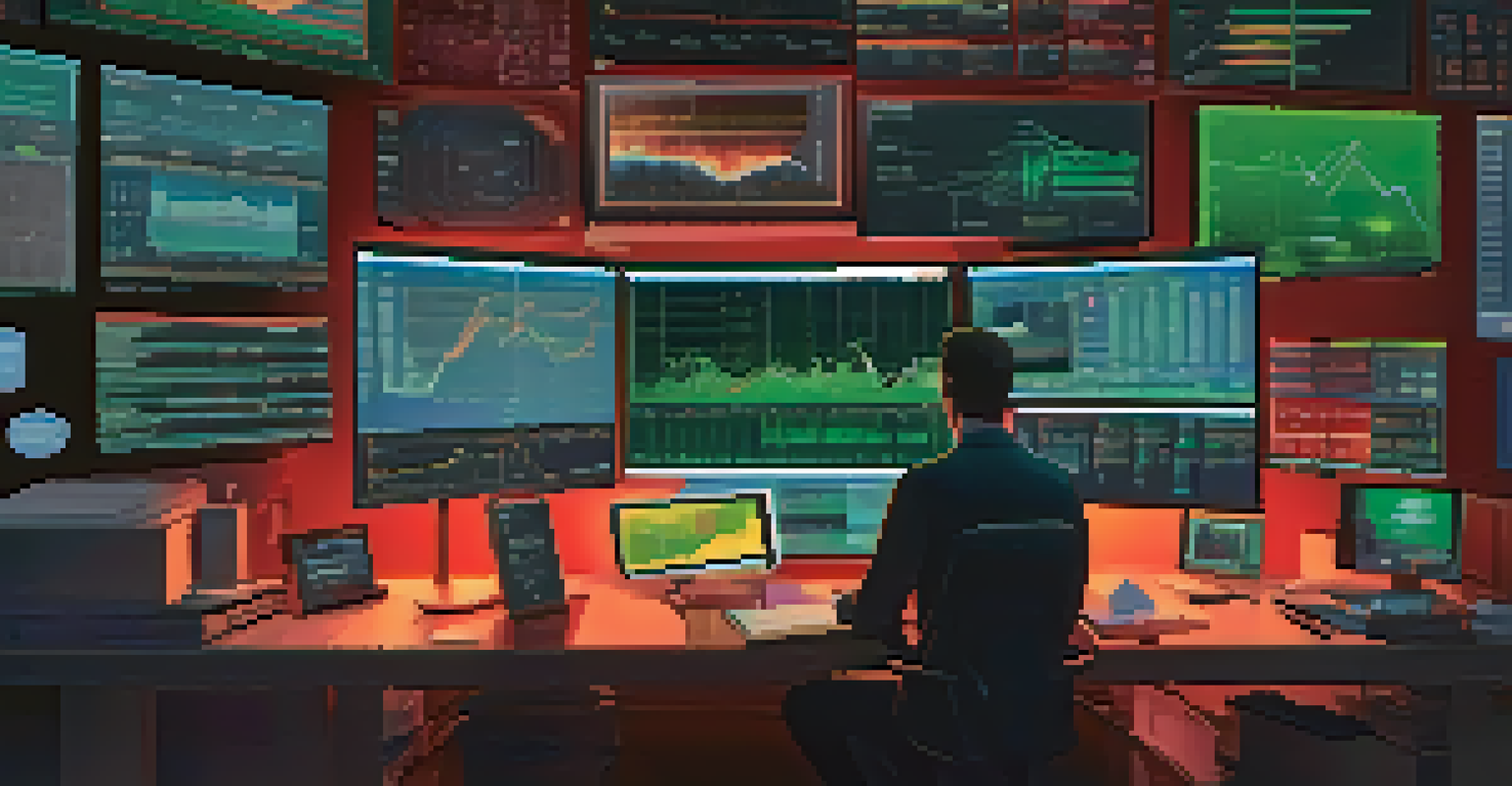 A person at a desk with multiple screens displaying colorful data and analytics related to yield farming, creating a productive atmosphere.