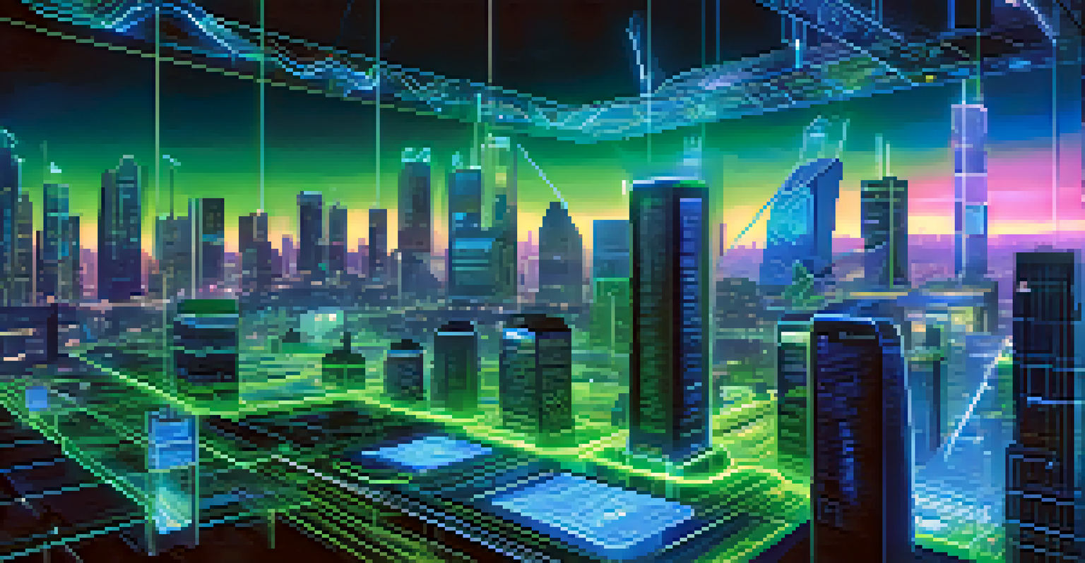 A futuristic cityscape depicting smart contracts and token vesting, illuminated by neon lights.
