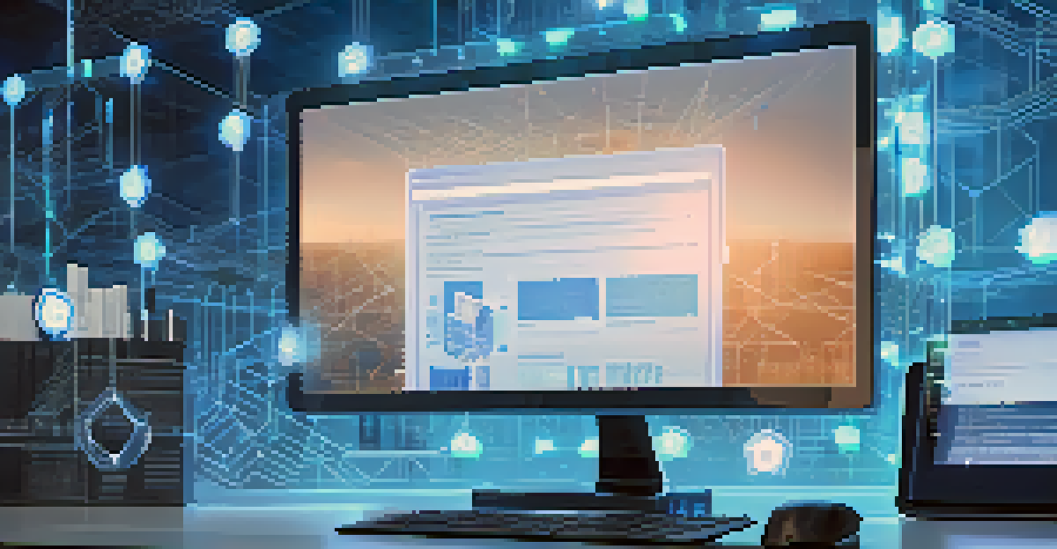 A close-up of a digital blockchain ledger on a computer screen, showing secure transactions in a modern workspace.