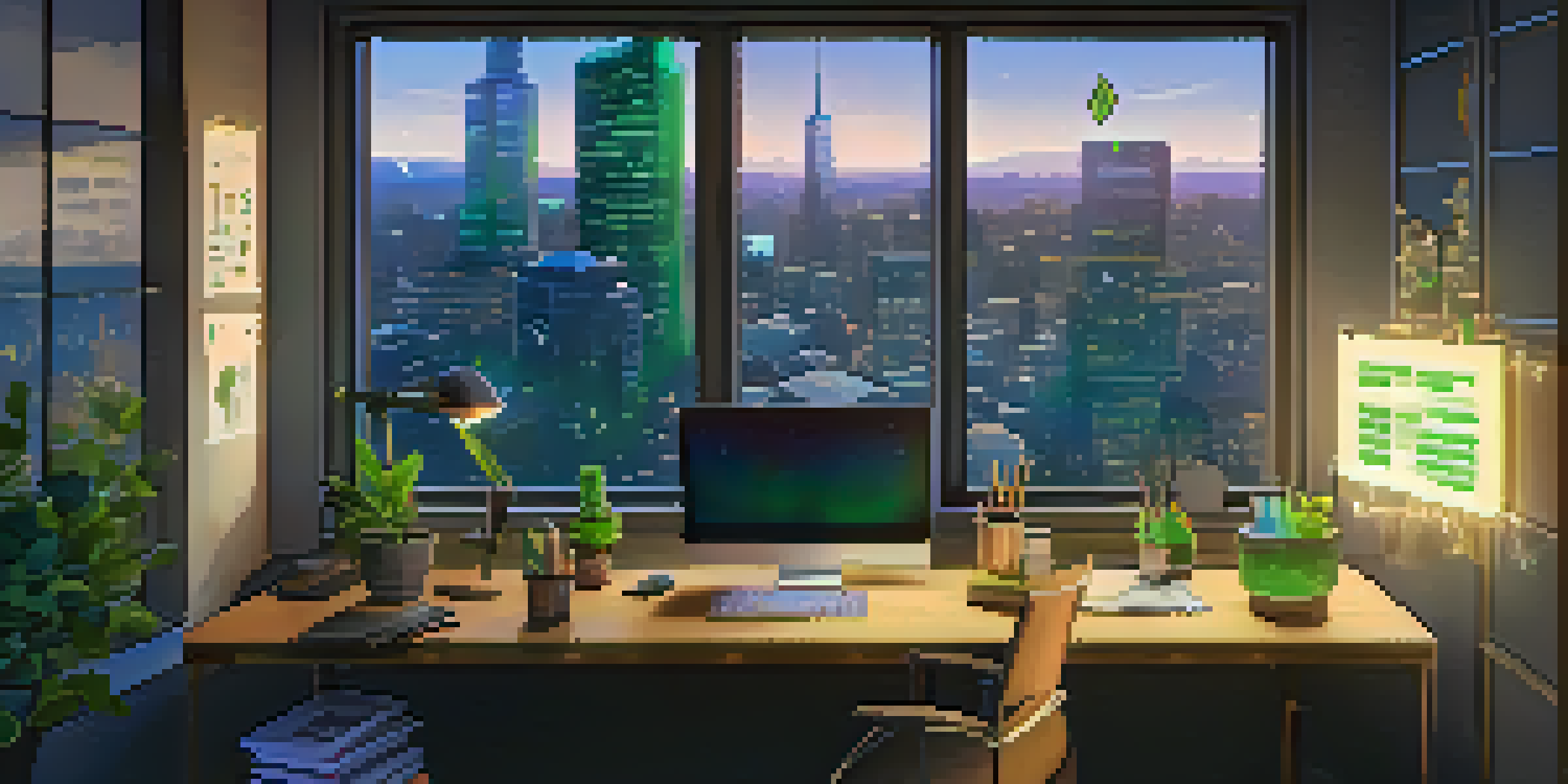 A cozy workspace for Ethereum development with a laptop showing code and city skyline view.