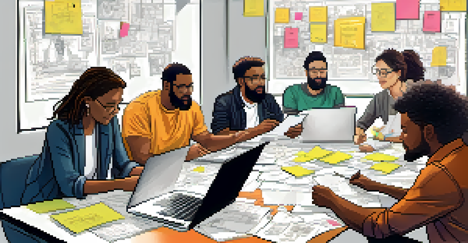 A diverse group of people collaborating on the design of a decentralized application, surrounded by laptops and sketches in a colorful, well-lit room.