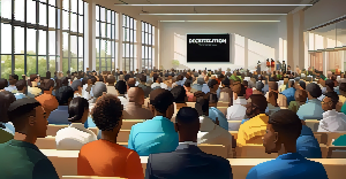A diverse group of people in a modern town hall meeting, discussing decentralization with a digital screen in the background.