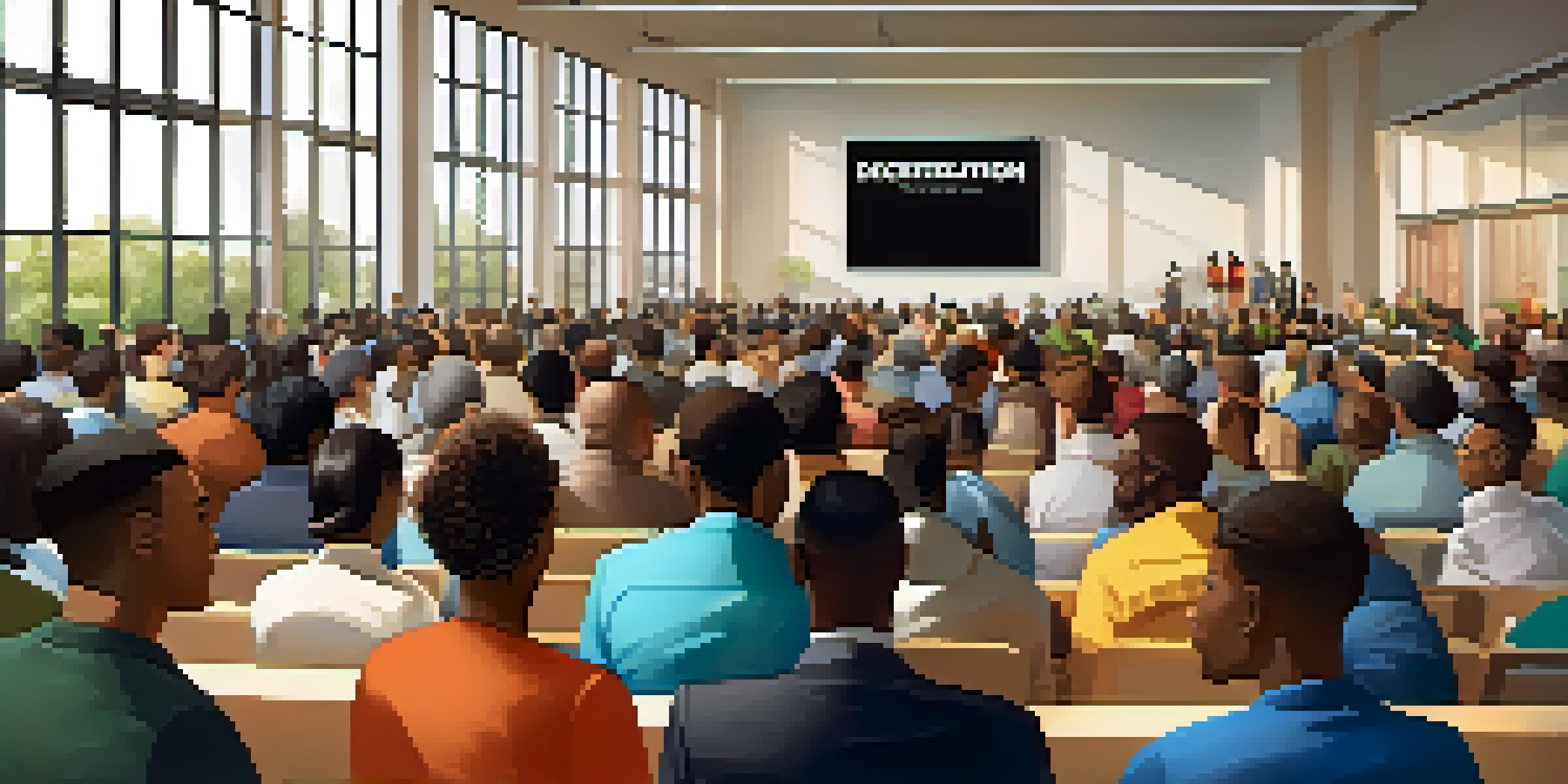 A diverse group of people in a modern town hall meeting, discussing decentralization with a digital screen in the background.