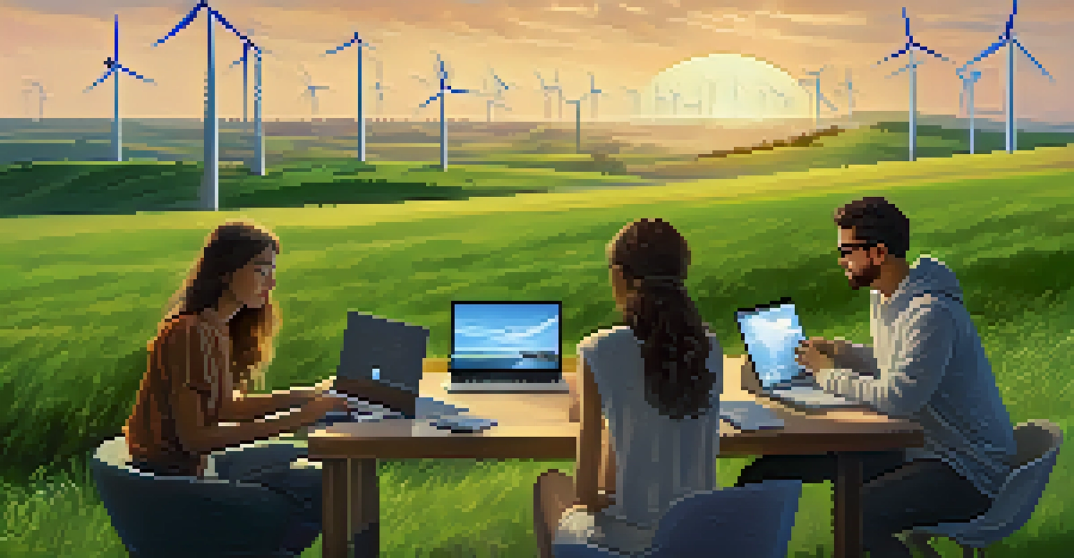 A peaceful landscape with wind turbines in the background and people creating digital art on laptops in the foreground.