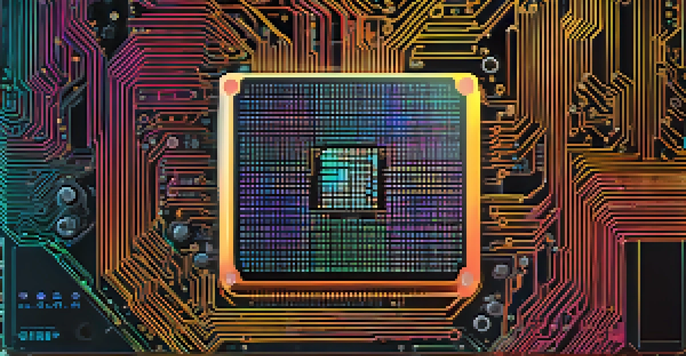 A close-up view of a GPU surrounded by circuit board patterns, illuminated with neon lights.