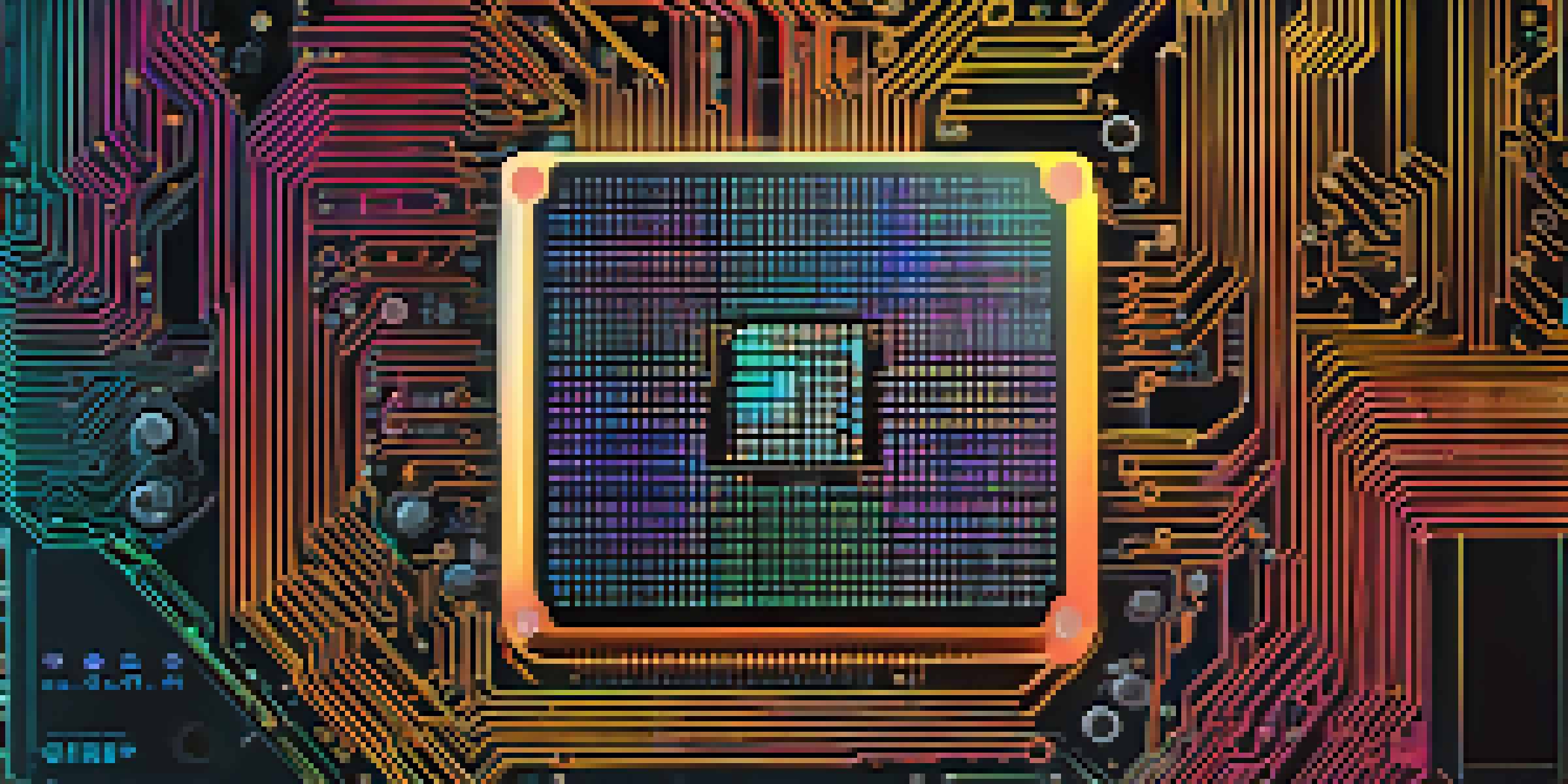 A close-up view of a GPU surrounded by circuit board patterns, illuminated with neon lights.