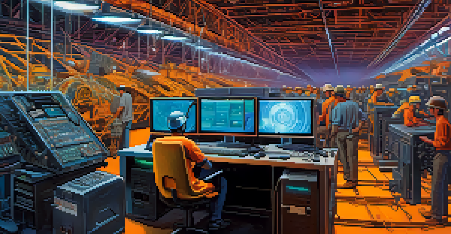 A split image showing Ethereum miners on one side and validators on the other, representing the transition from proof of work to proof of stake.