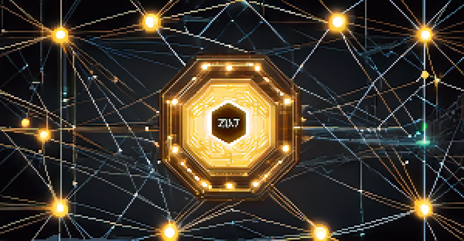 A digital visualization of blockchain technology with glowing nodes and lines against a dark background, representing decentralized voting.