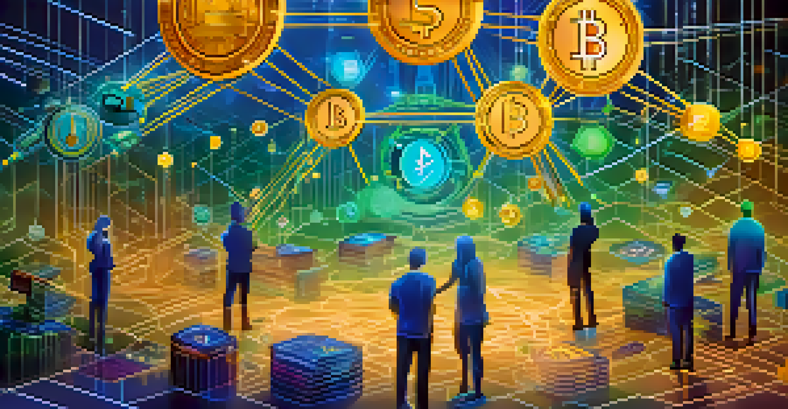 A digital representation of a DeFi ecosystem with interconnected tokens and a stylized smart contract in vibrant colors.