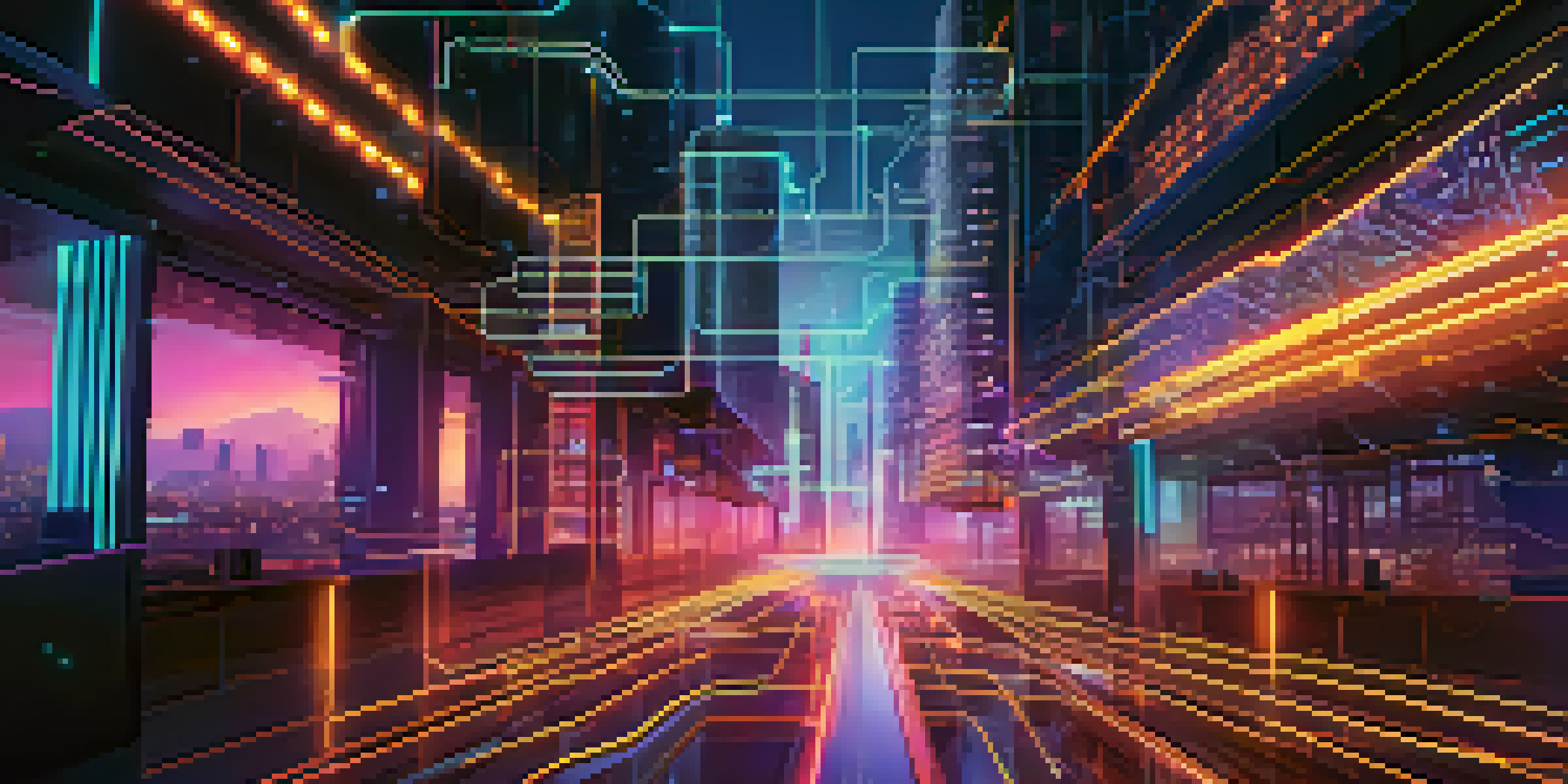 A futuristic digital illustration of a smart contract on a blockchain with glowing code lines and a cityscape in the background.