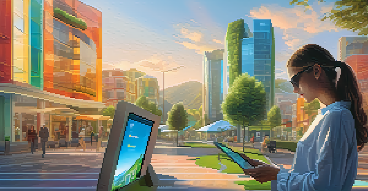 A person using a tablet to buy virtual real estate in a colorful digital landscape filled with modern buildings and greenery, bathed in warm sunlight.