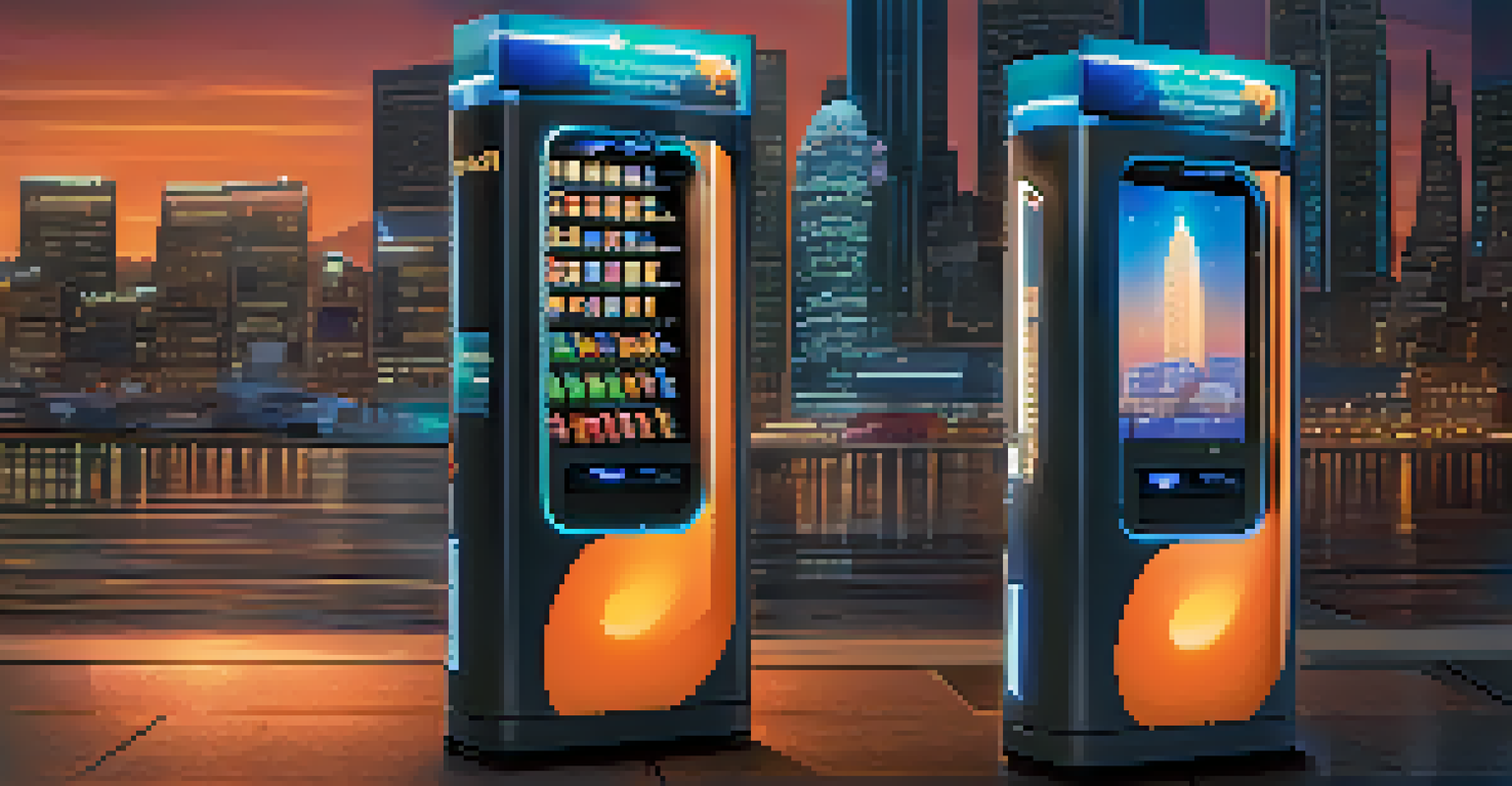 A futuristic vending machine symbolizing a smart contract, set against a twilight cityscape.