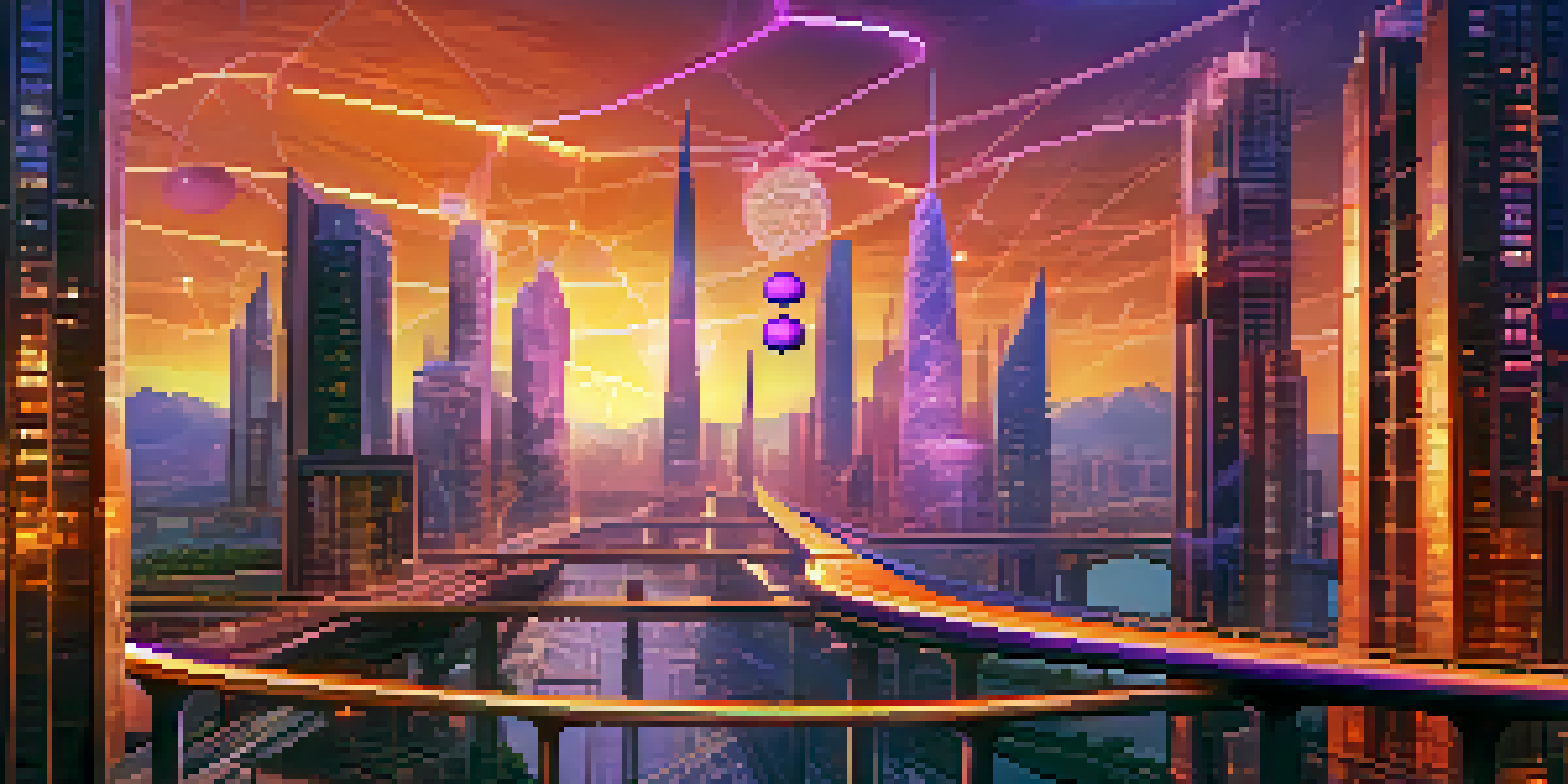 A futuristic cityscape at sunset with glowing orbs representing digital assets traveling on blockchain bridges.