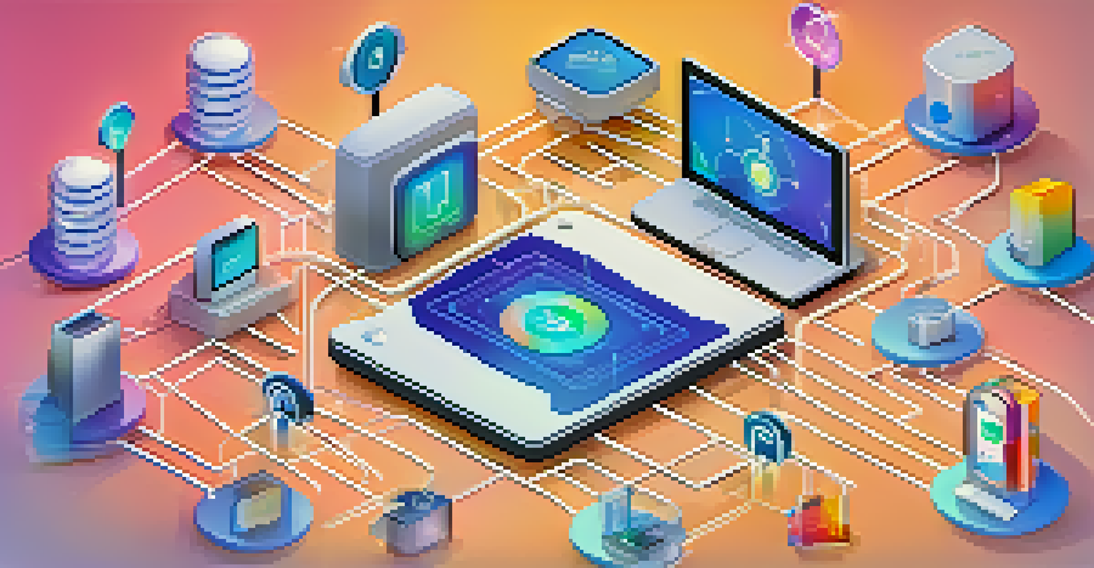 A diagram showing smart contracts in IoT security, with various connected devices and secure data exchange arrows.