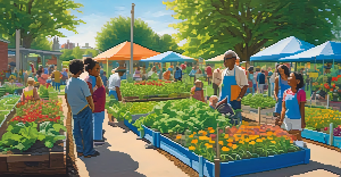 A diverse group of people working together in a colorful community garden, planting flowers and vegetables under a bright blue sky.