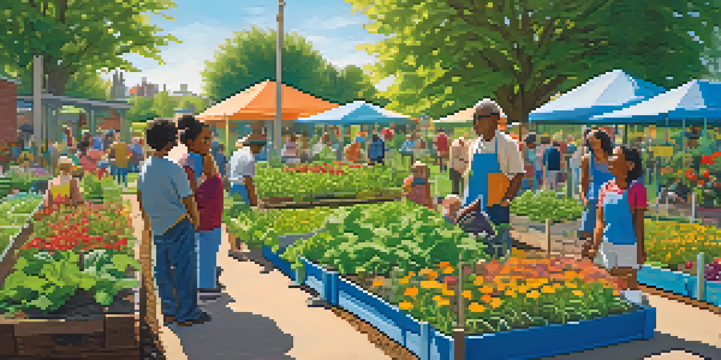 A diverse group of people working together in a colorful community garden, planting flowers and vegetables under a bright blue sky.
