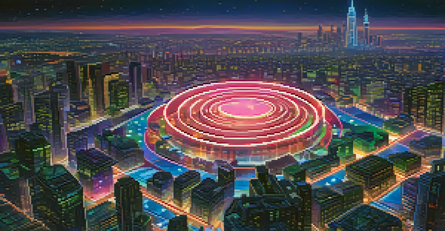 An abstract image of glowing digital tokens floating above a futuristic city, symbolizing governance and decentralization.