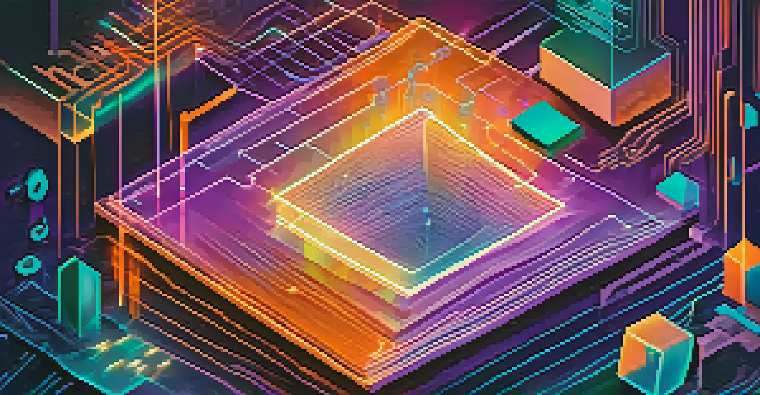 An abstract representation of smart contracts with colorful data streams and an Ethereum logo in the background.