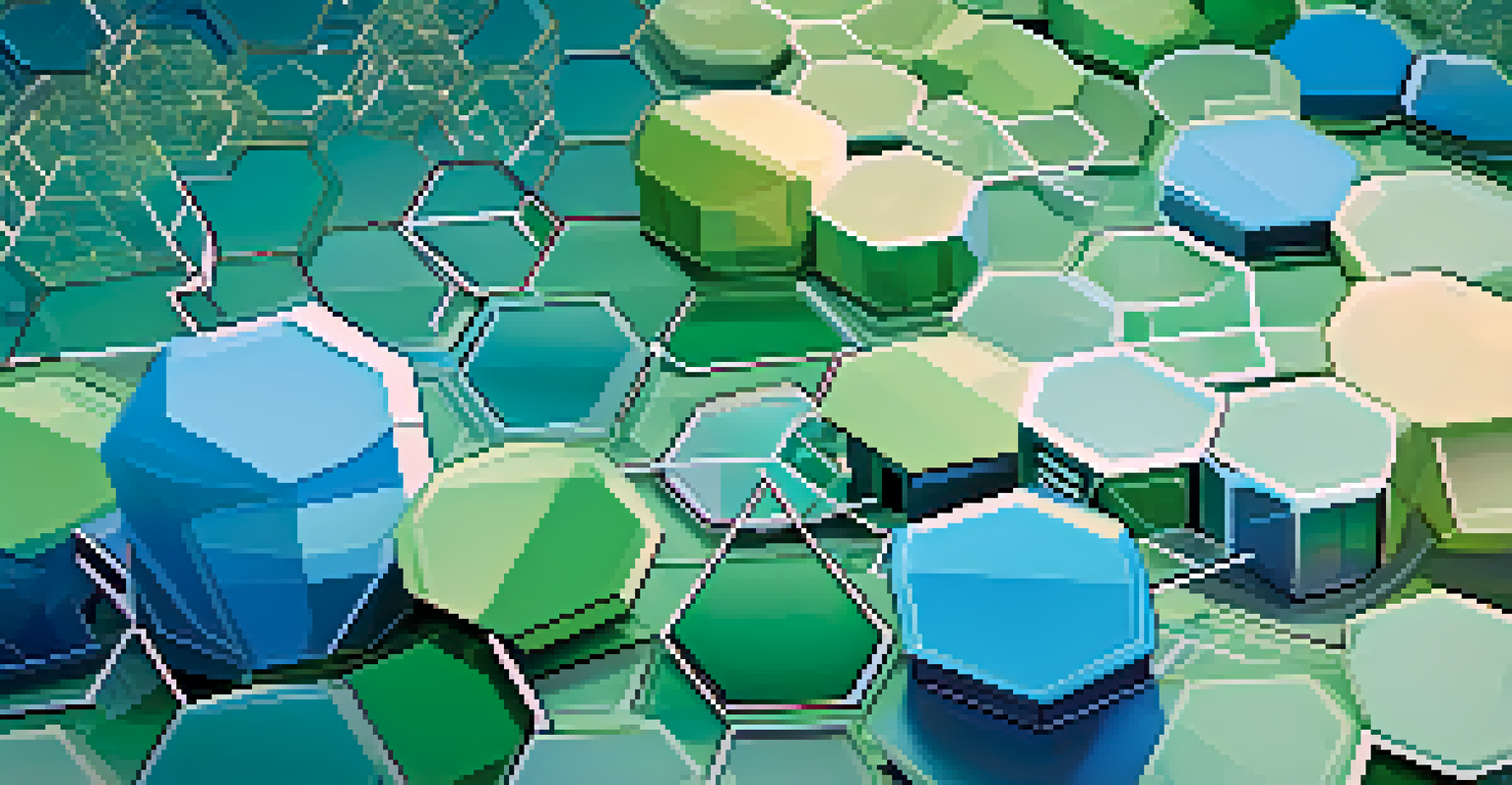 An abstract representation of blockchain with hexagons and images of residential properties in a blue-green gradient.