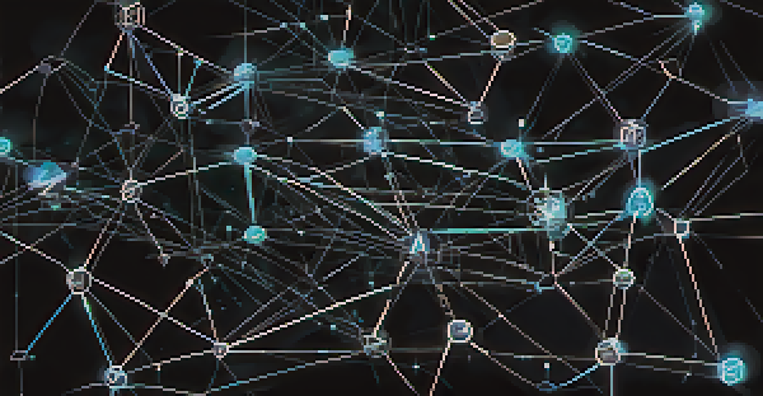 An abstract image of a blockchain network with glowing nodes and lines, labeled with security terms against a dark background.
