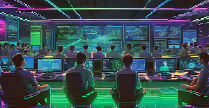 A futuristic trading room with traders focused on multiple screens displaying cryptocurrency prices, illuminated by neon lights.