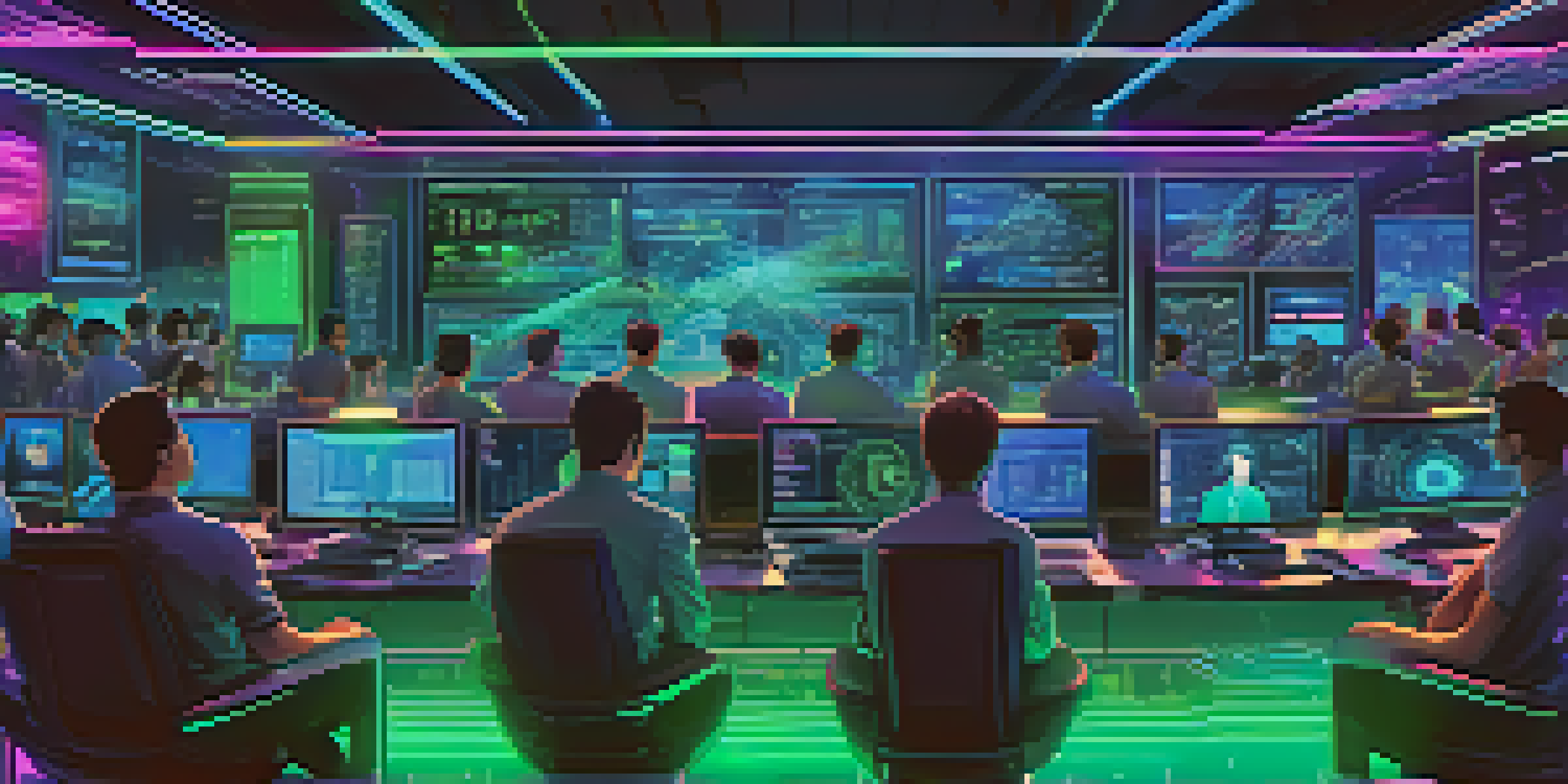 A futuristic trading room with traders focused on multiple screens displaying cryptocurrency prices, illuminated by neon lights.