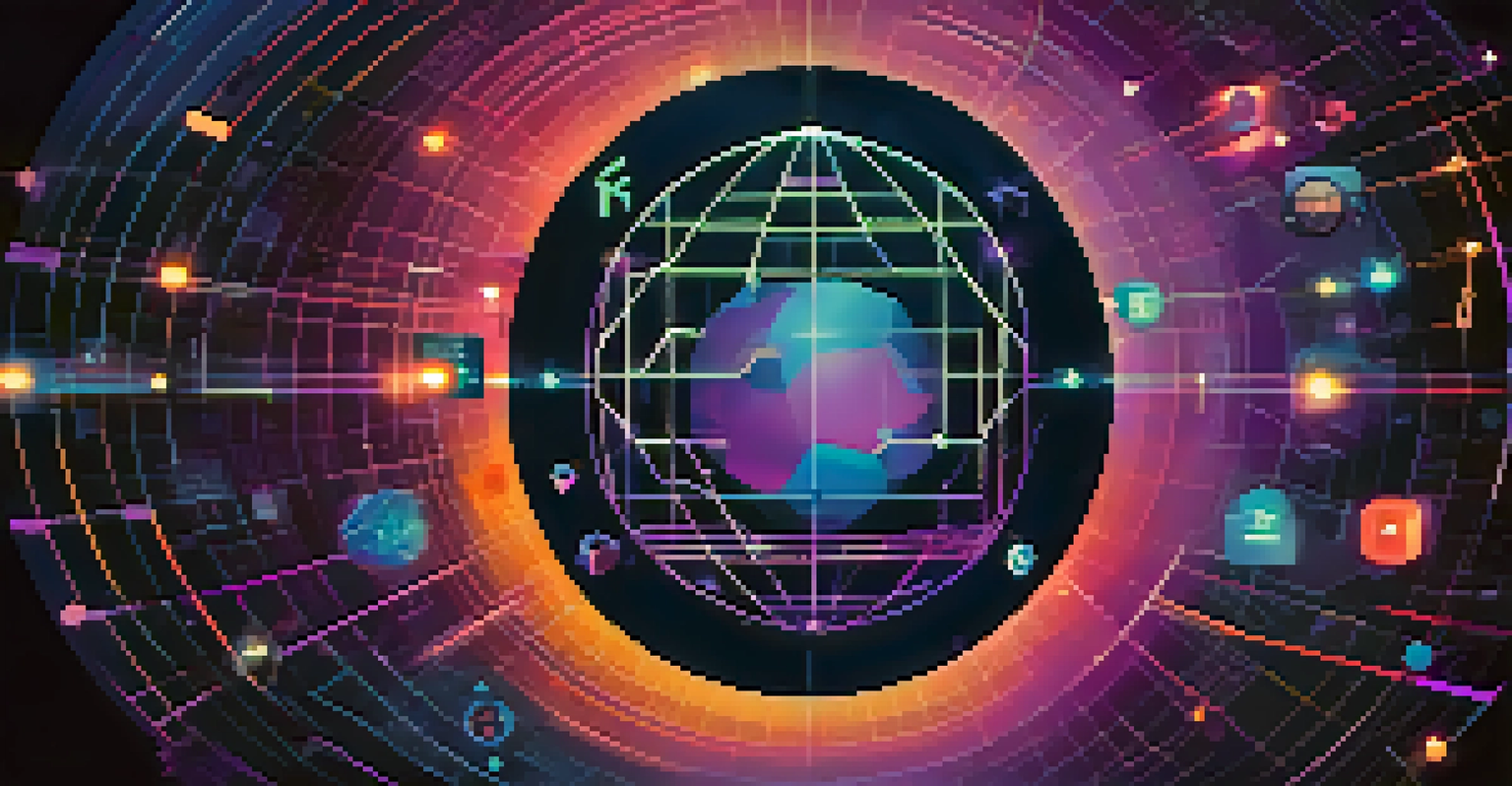 An abstract globe surrounded by blockchain icons, interconnected with colorful lines, symbolizing interoperability and data flow.