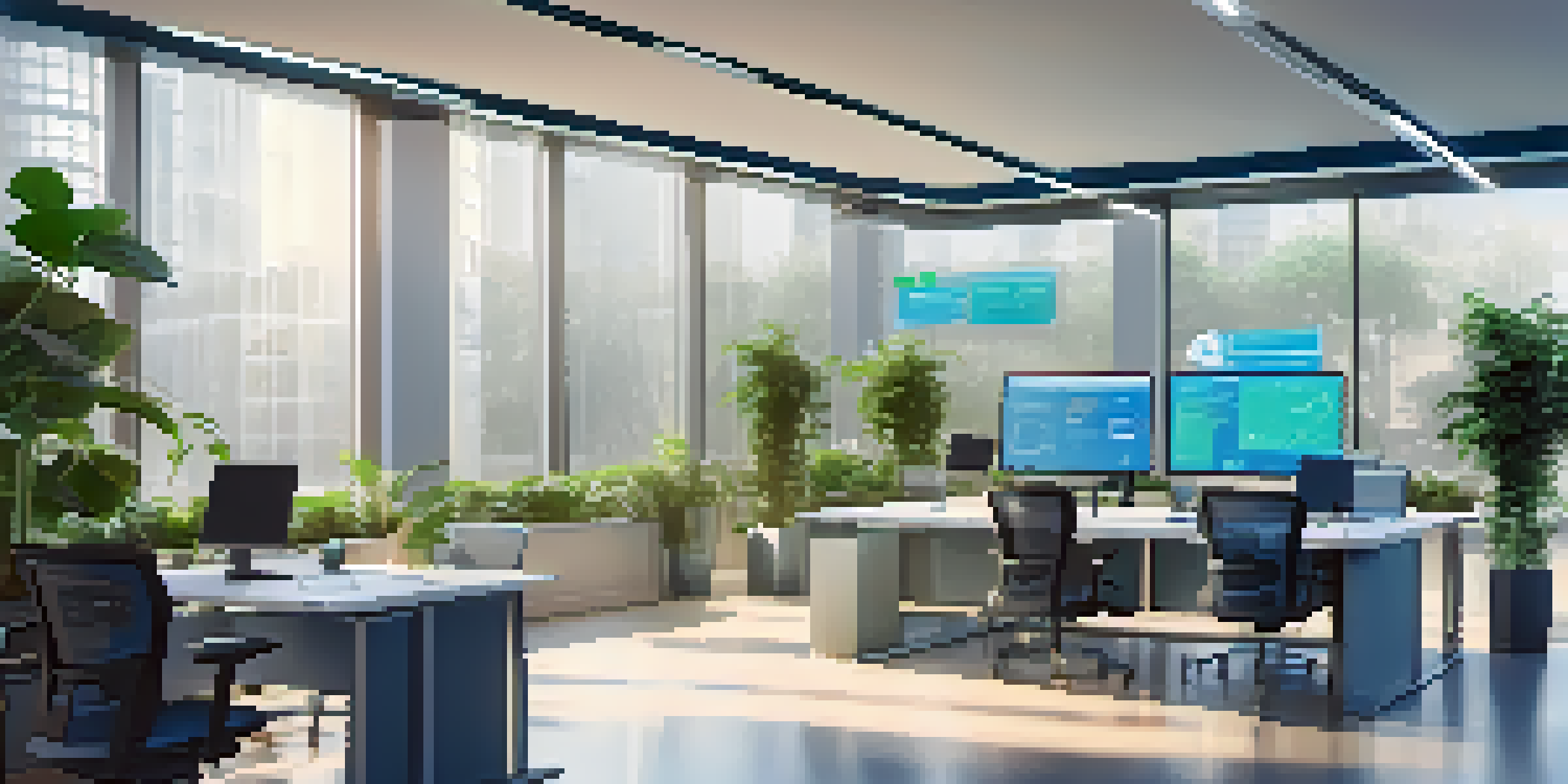A modern office with diverse professionals working together on smart contracts displayed on a digital screen, surrounded by plants.