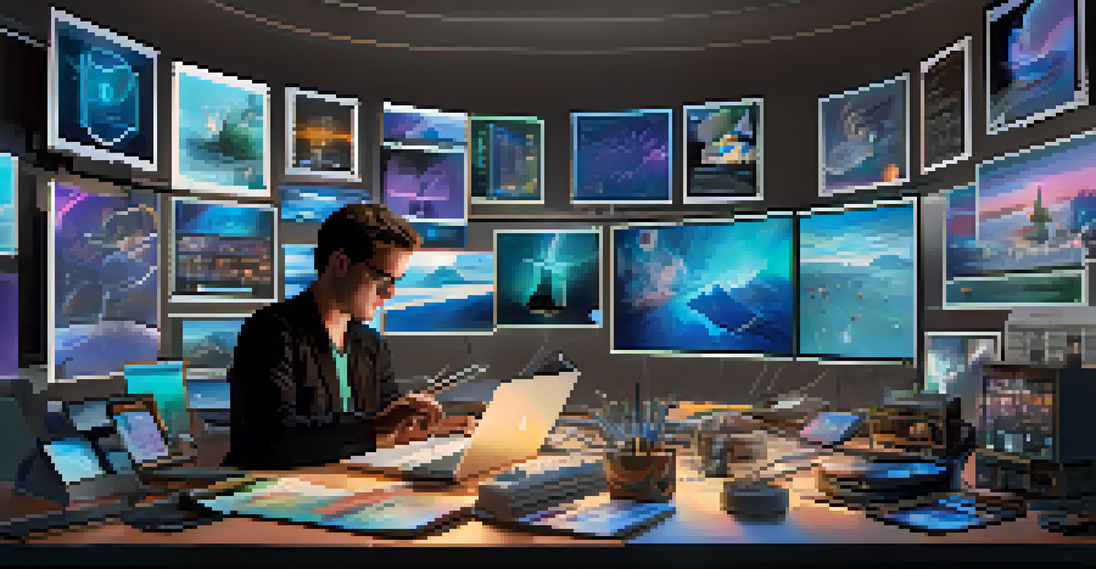 A creative professional at a desk with digital devices, engaging in the process of tokenizing their art or music with holographic displays.