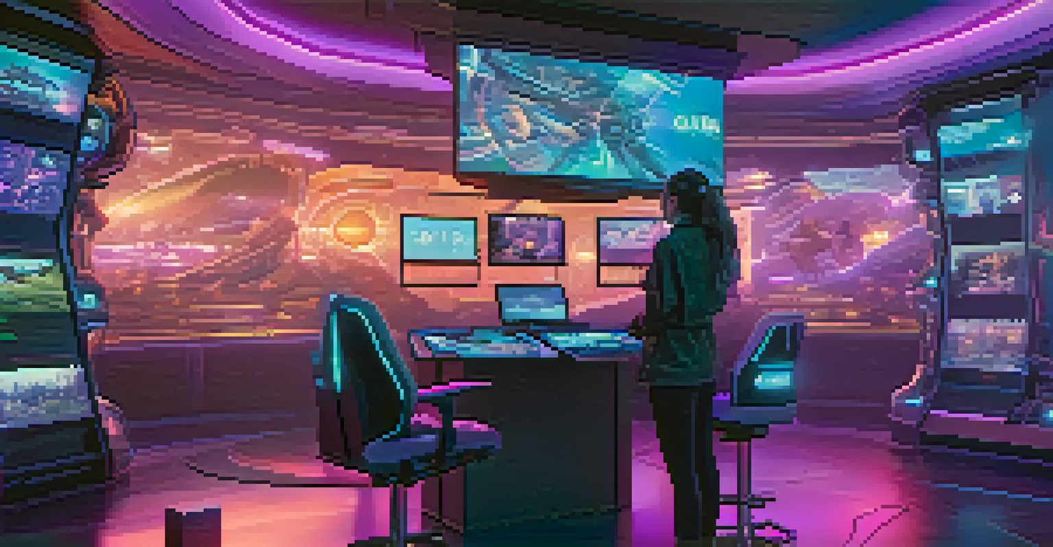 A player interacting with a futuristic gaming interface with holographic NFTs and assets in a high-tech room.
