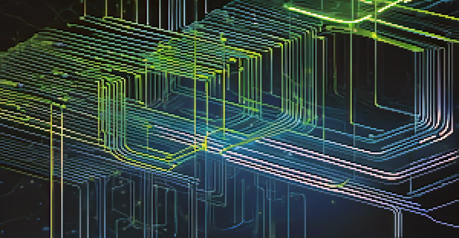 A close-up view of a blockchain network with interconnected nodes and bright lines, set against a deep blue gradient background.