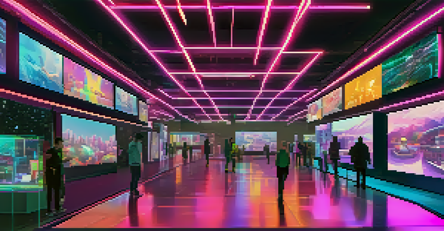 A futuristic marketplace with neon lights and people interacting with holographic NFT displays.