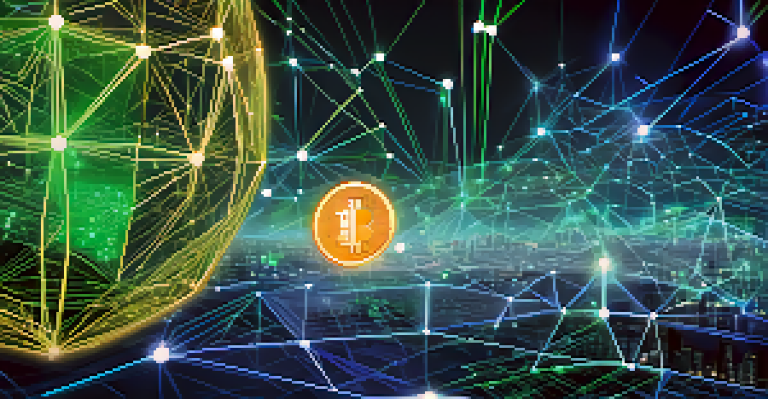 A visual representation of blockchain technology with glowing nodes and a digital globe, showcasing cryptocurrency icons and energy efficiency.