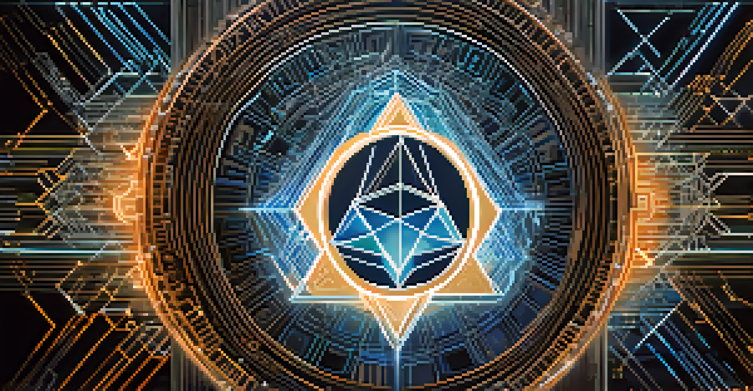 A glowing Ethereum logo surrounded by geometric patterns and lines, showcasing the concept of cryptographic security in electric blues and whites on a dark background.