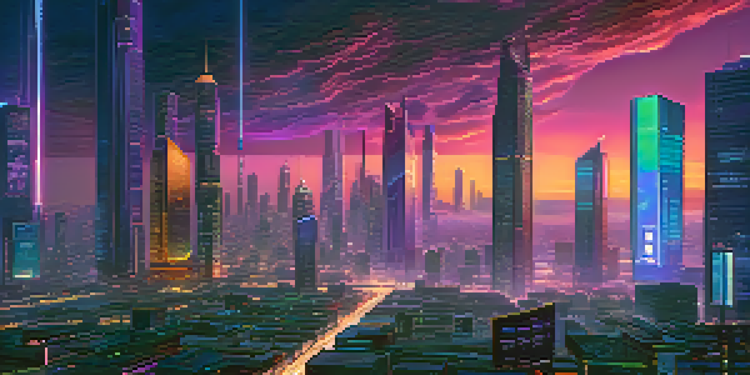 A vibrant futuristic cityscape at dusk with tall skyscrapers, neon lights, and people in the streets.