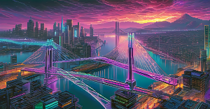 A vibrant and futuristic cityscape with cross-chain bridges connecting blockchain structures, illuminated by neon colors against a gradient sky.