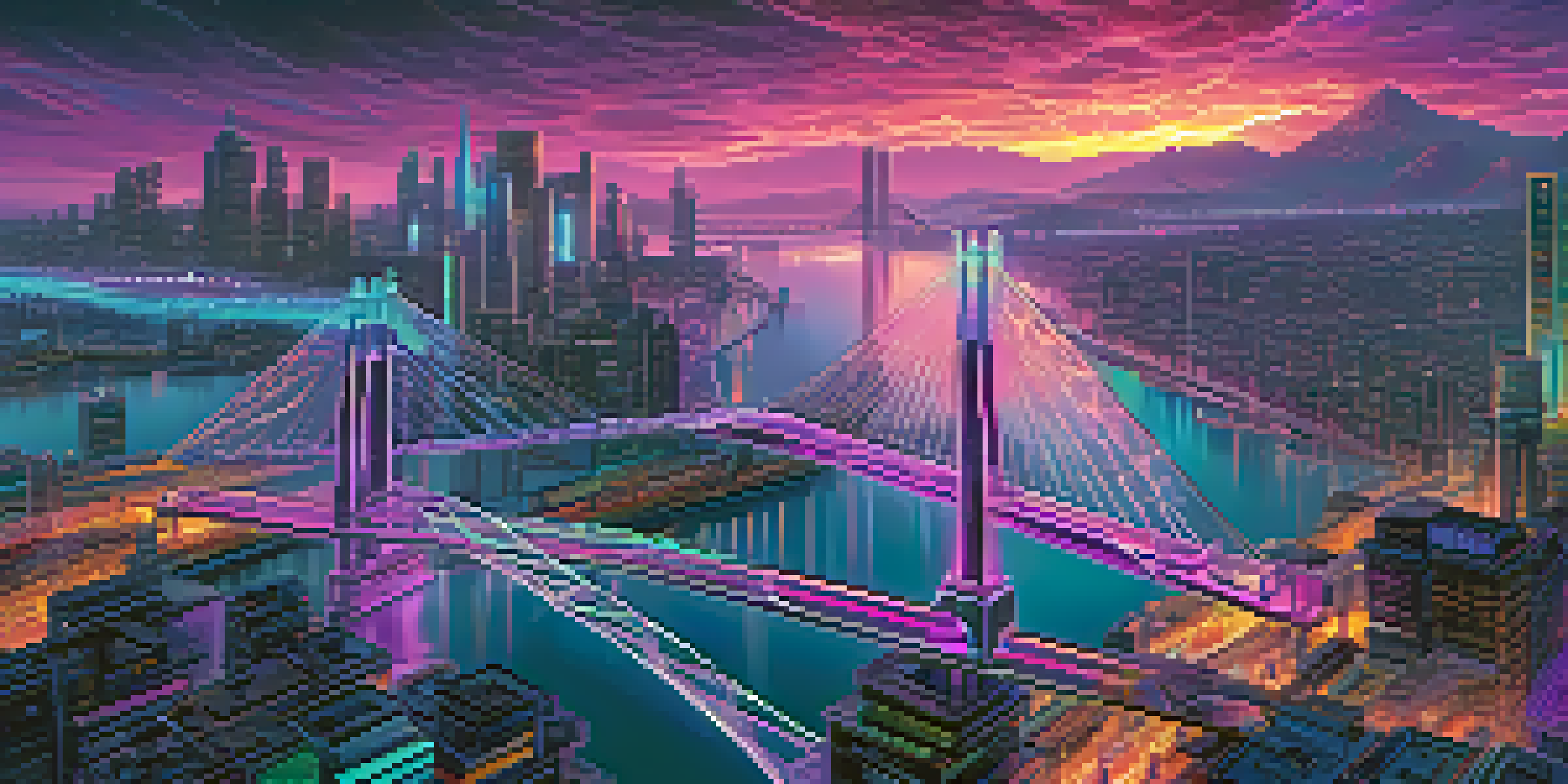 A vibrant and futuristic cityscape with cross-chain bridges connecting blockchain structures, illuminated by neon colors against a gradient sky.