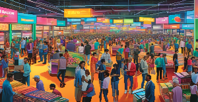 A lively digital marketplace with colorful tokens representing synthetic assets, traders interacting, and abstract blockchain visuals in the background.