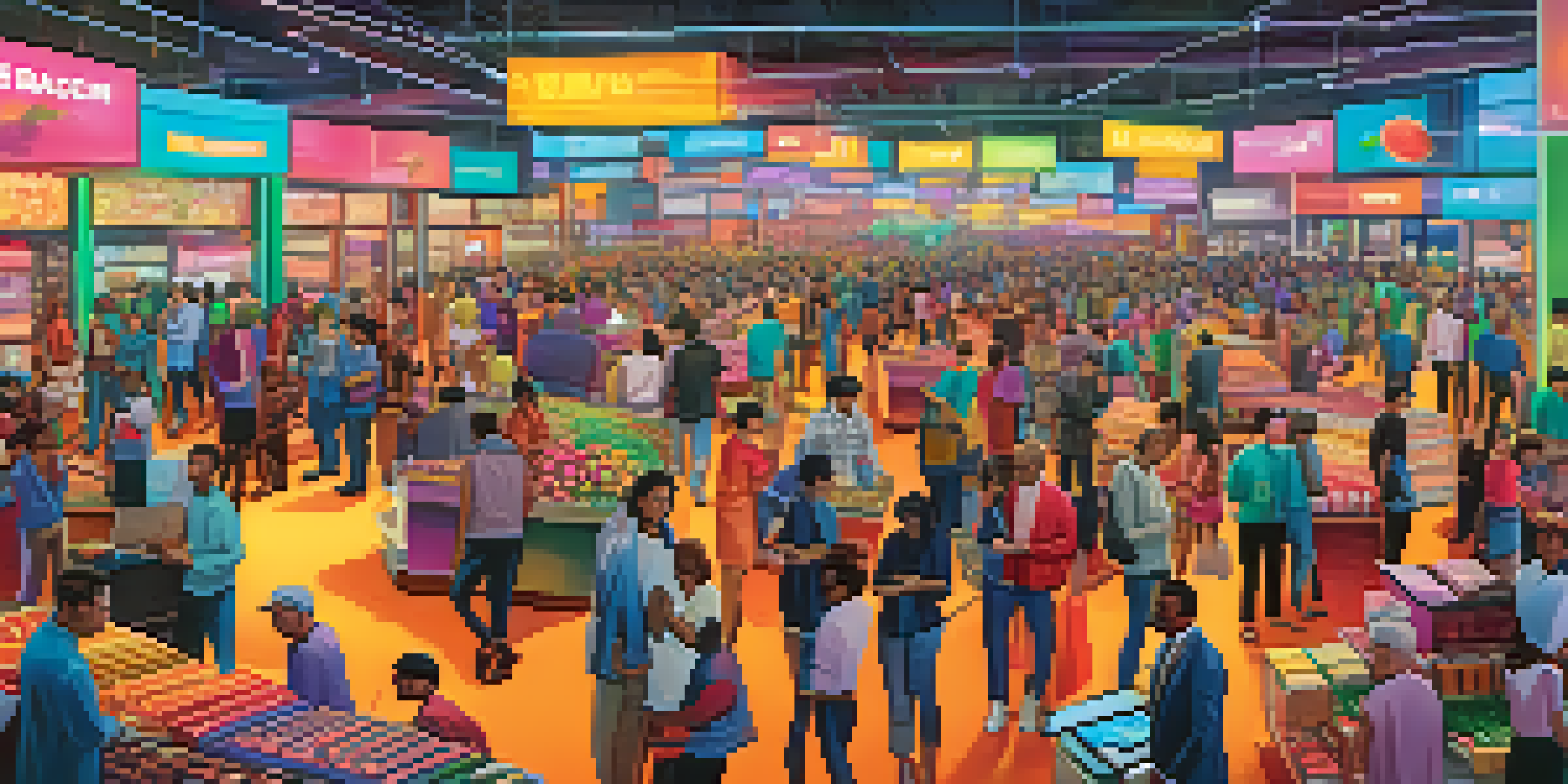 A lively digital marketplace with colorful tokens representing synthetic assets, traders interacting, and abstract blockchain visuals in the background.