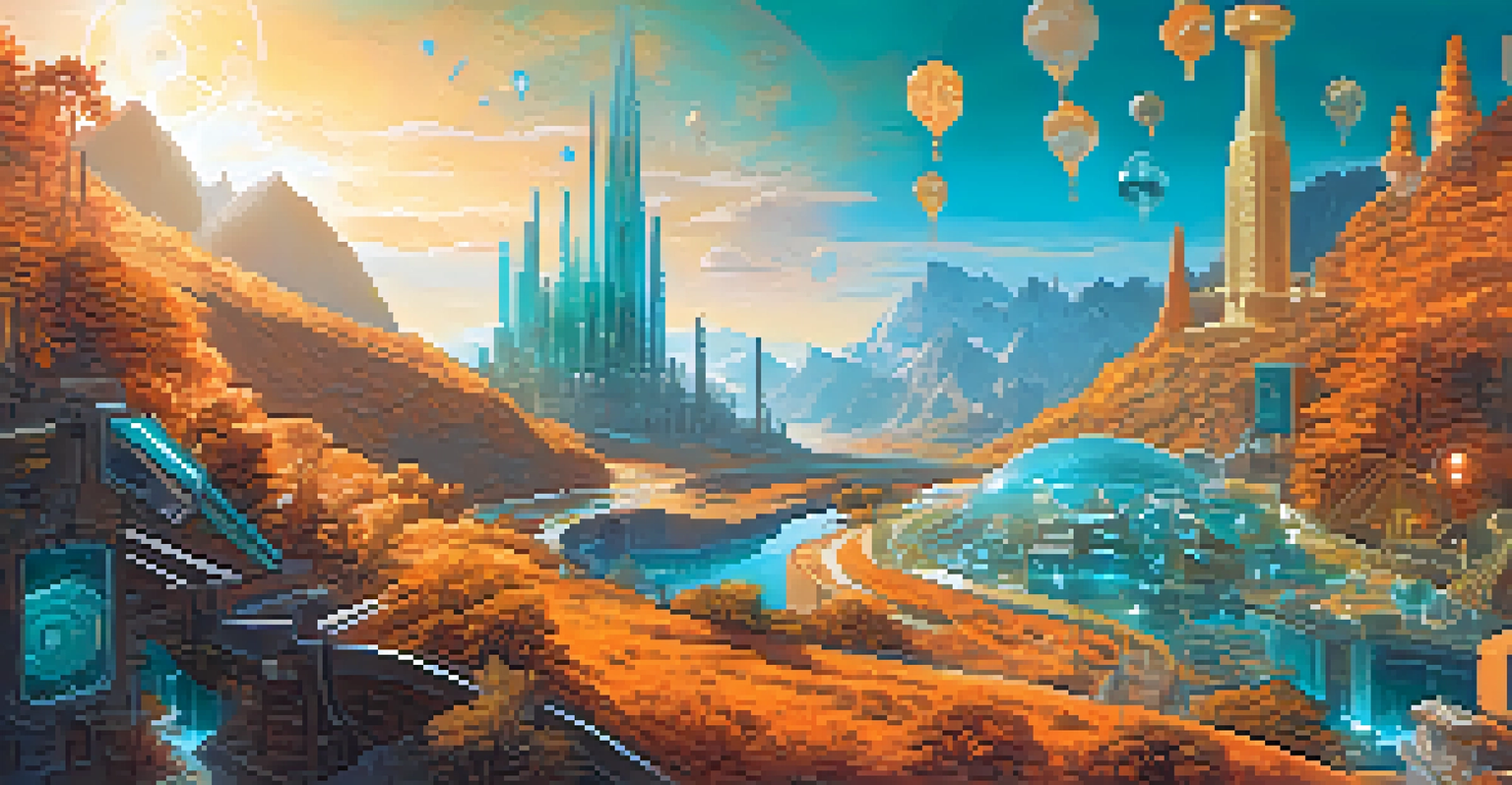 An artistic representation of Ethereum upgrades with gears and blockchain elements, showcasing community engagement in a colorful landscape.