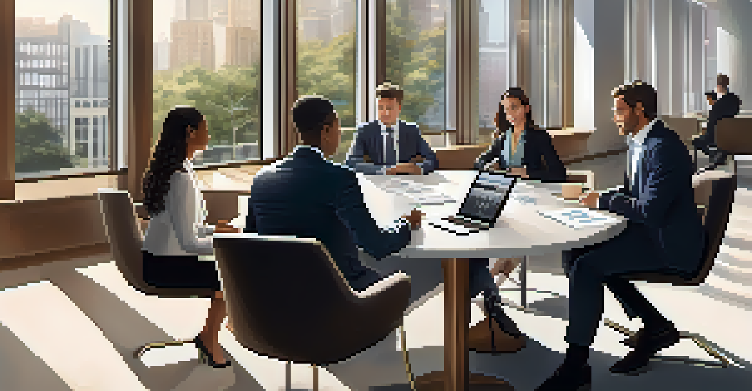 A diverse group of business professionals discussing smart contracts at a table, with digital tablets showing contract terms in a well-lit office environment.