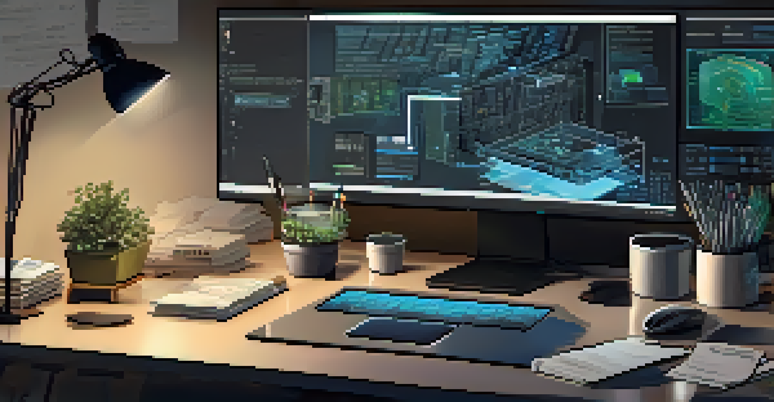 A cozy artist's workspace with a computer showing a blockchain diagram, surrounded by tech gadgets and notes about Layer 2 solutions, warmly lit.
